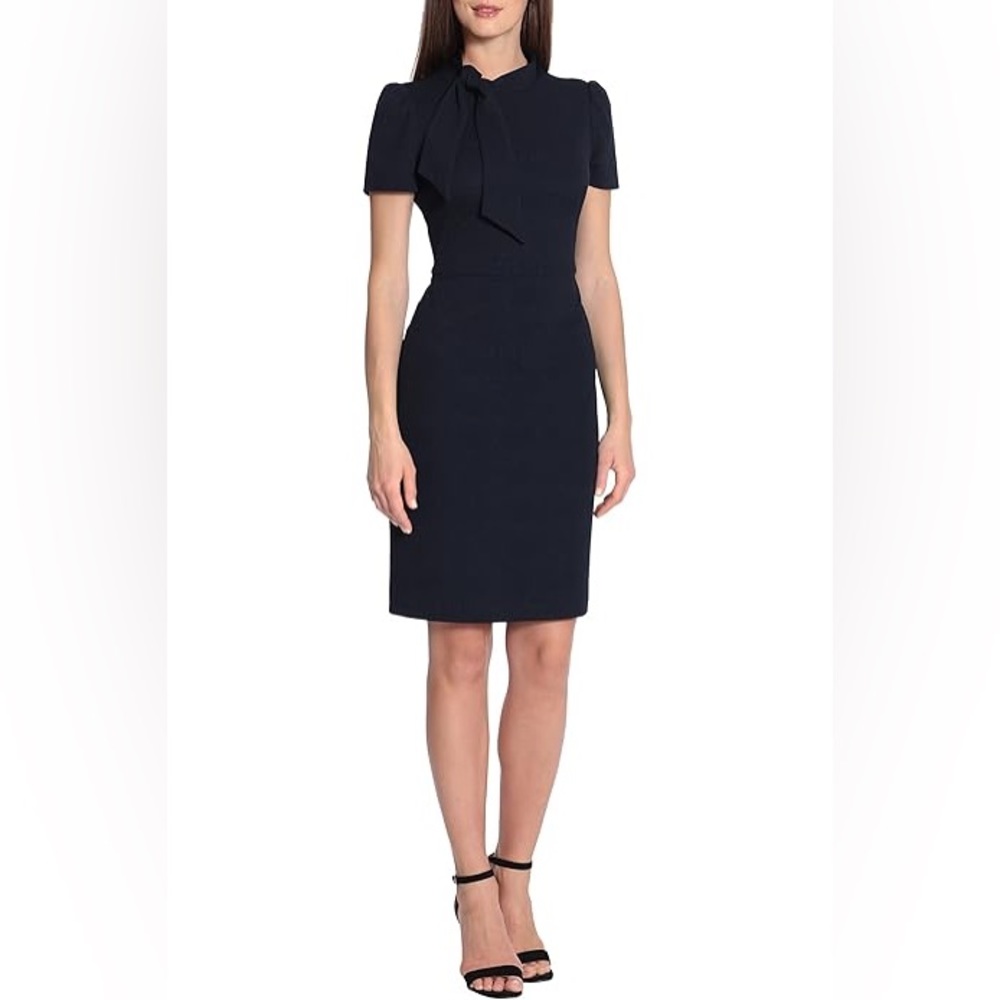 Maggy London Women’s Short Sleeve Neck Tie Navy Blue Midi Dress Size 6
